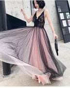 Fashionable Pink And Black Tulle V-Neckline Party Dress, Pink Lace Applique Classy Evening Gown