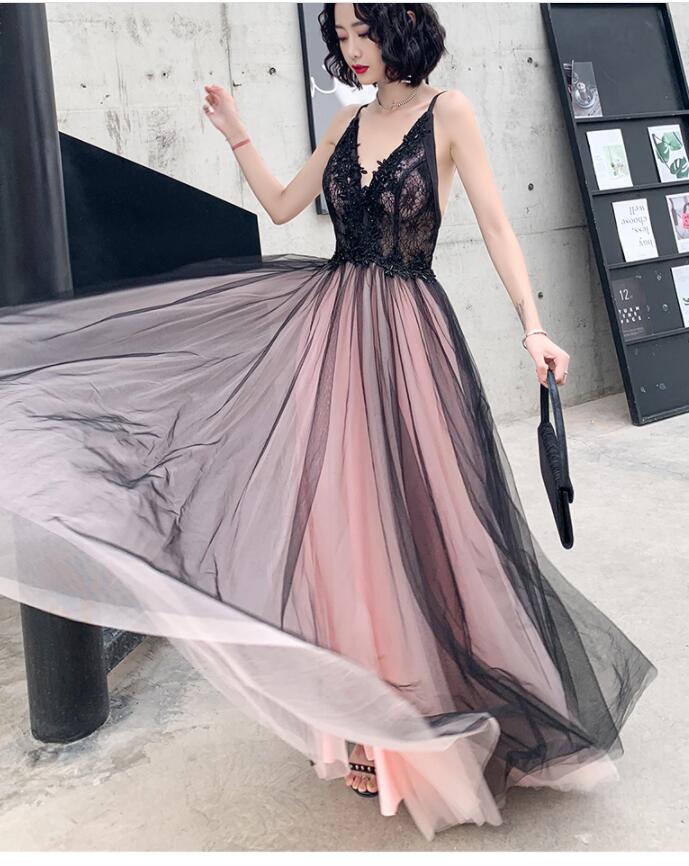Fashionable Pink And Black Tulle V-Neckline Party Dress, Pink Lace Applique Classy Evening Gown