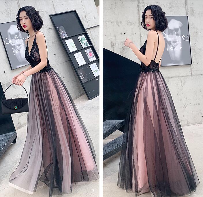 Fashionable Pink And Black Tulle V-Neckline Party Dress, Pink Lace Applique Classy Evening Gown