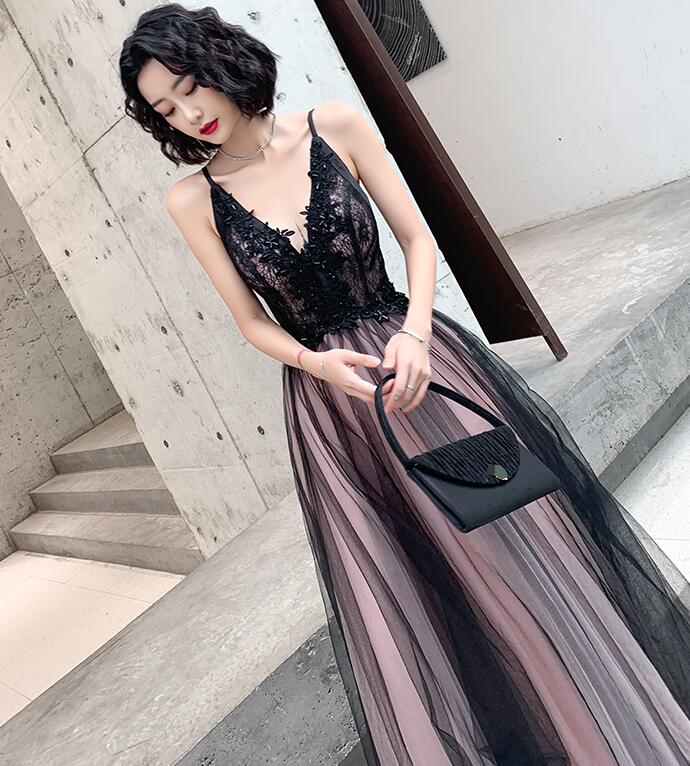 Fashionable Pink And Black Tulle V-Neckline Party Dress, Pink Lace Applique Classy Evening Gown