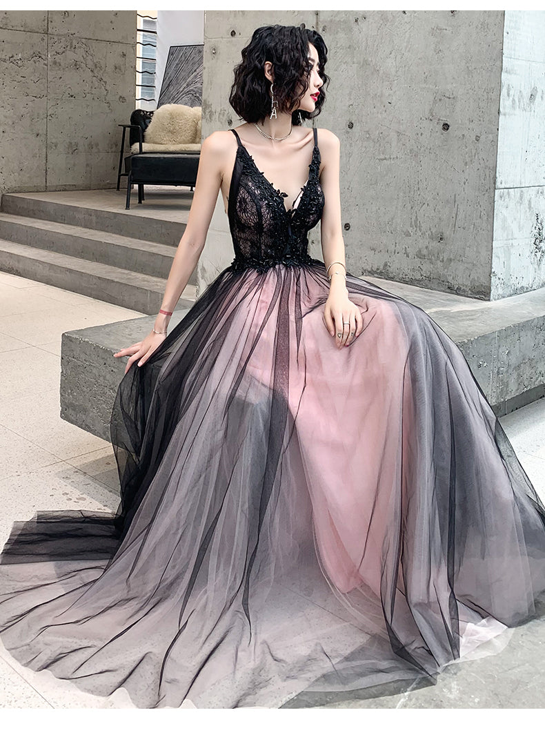 Fashionable Pink And Black Tulle V-Neckline Party Dress, Pink Lace Applique Classy Evening Gown