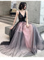 Fashionable Pink And Black Tulle V-Neckline Party Dress, Pink Lace Applique Classy Evening Gown