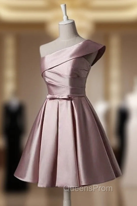 Fashionable Pink Knee Length Satin Short Evening Prom Dress, One Shoulder Bridesmaid Dress Secondary image
