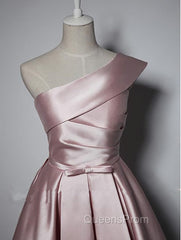 Fashionable Pink Knee Length Satin Short Evening Prom Dress, One Shoulder Bridesmaid Dress