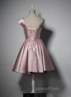 Fashionable Pink Knee Length Satin Short Evening Prom Dress, One Shoulder Bridesmaid Dress