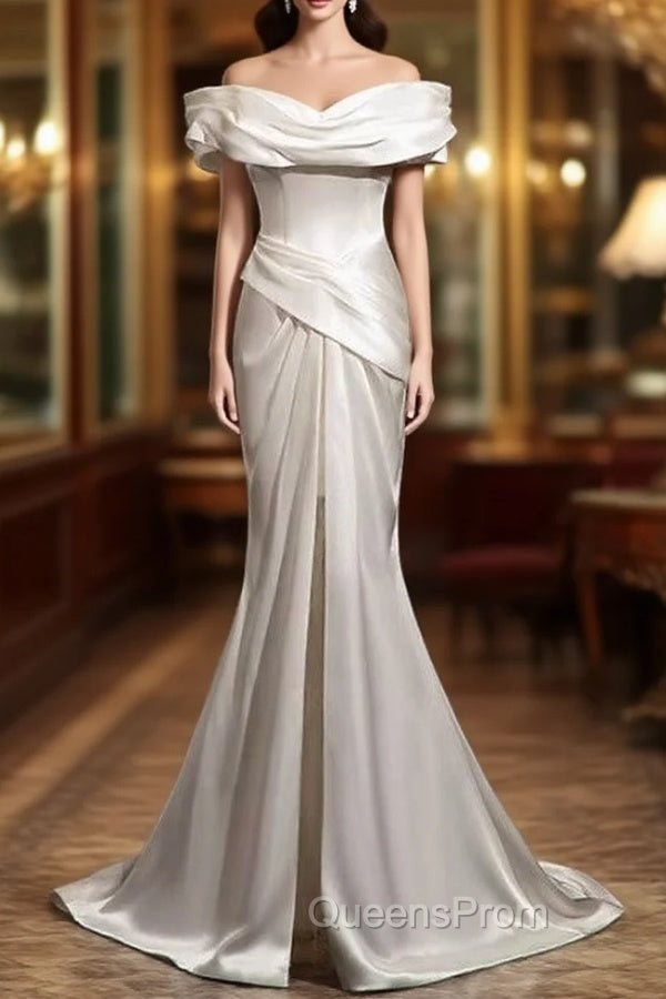 Fashionable White Mermaid Satin Pleats Wedding Dress Main image