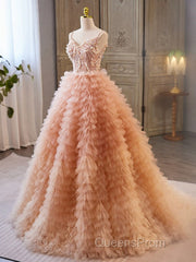 Unique V Neck Tulle Sequin Orange Pink Long Evening Prom Dress, Orange Pink Sweet 16 Dress