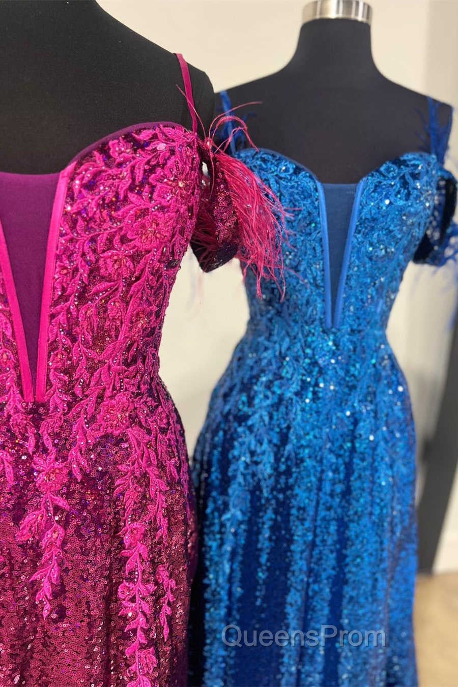 Feathered Cold Shoulder Sequin Long Evening Prom Dress with Appliques