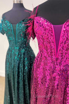 Feathered Cold Shoulder Sequin Long Evening Prom Dress with Appliques