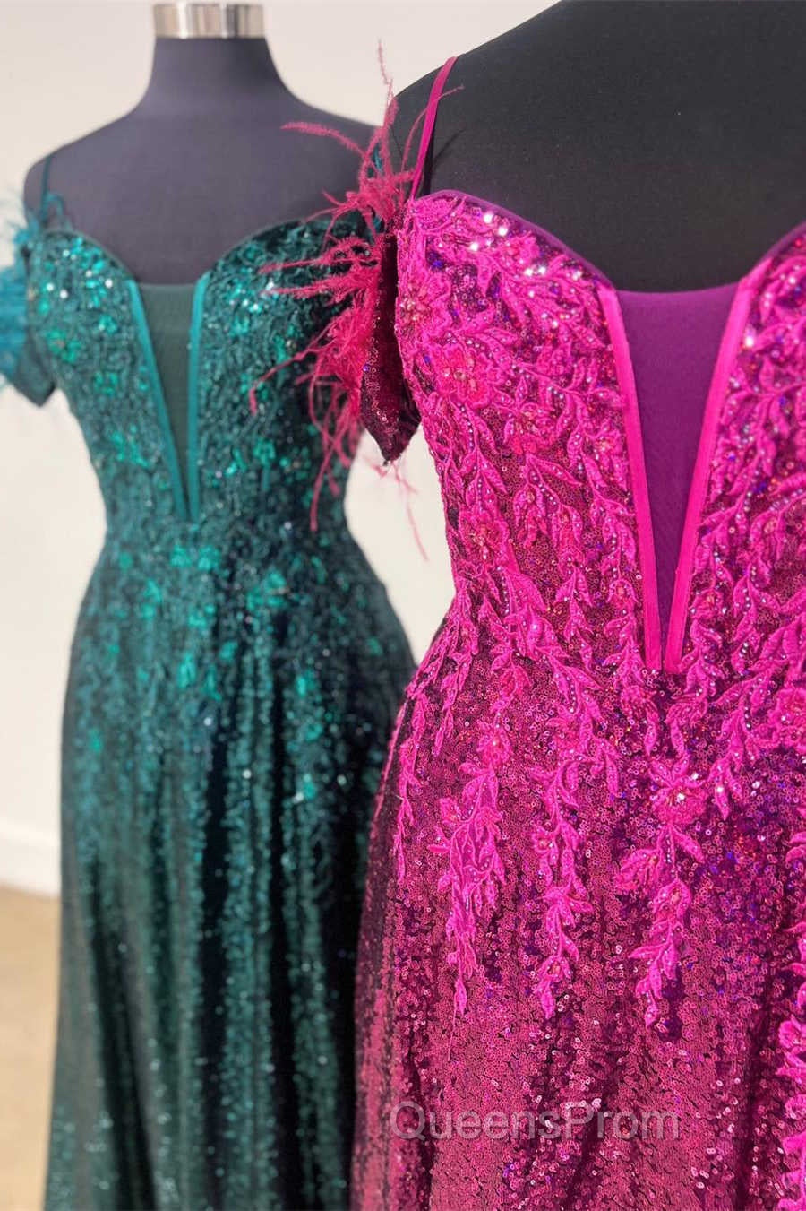 Feathered Cold Shoulder Sequin Long Evening Prom Dress with Appliques