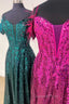 Feathered Cold Shoulder Sequin Long Evening Prom Dress with Appliques