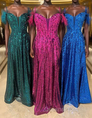 Feathered Cold Shoulder Sequin Long Evening Prom Dress with Appliques