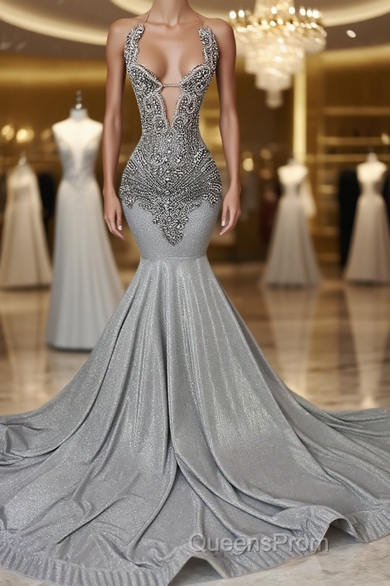 Silver Halter Mermaid Evening Prom Dress with Beadings