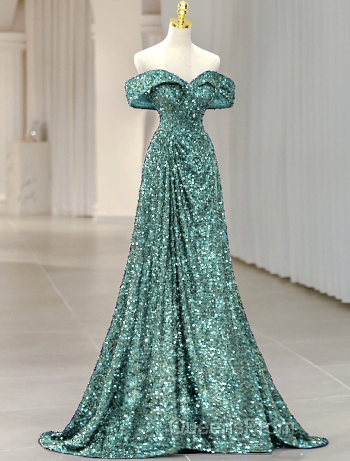 A-Line Evening Gown Elegant Dress Formal Wedding Guest Sweep / Brush Train Sleeveless Off Shoulder Sequined with Glitter Sequin Masquerade Dress