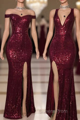 Long Mermaid Burgundy Sequin Evening Prom Dress Glitter Split Evening Gown