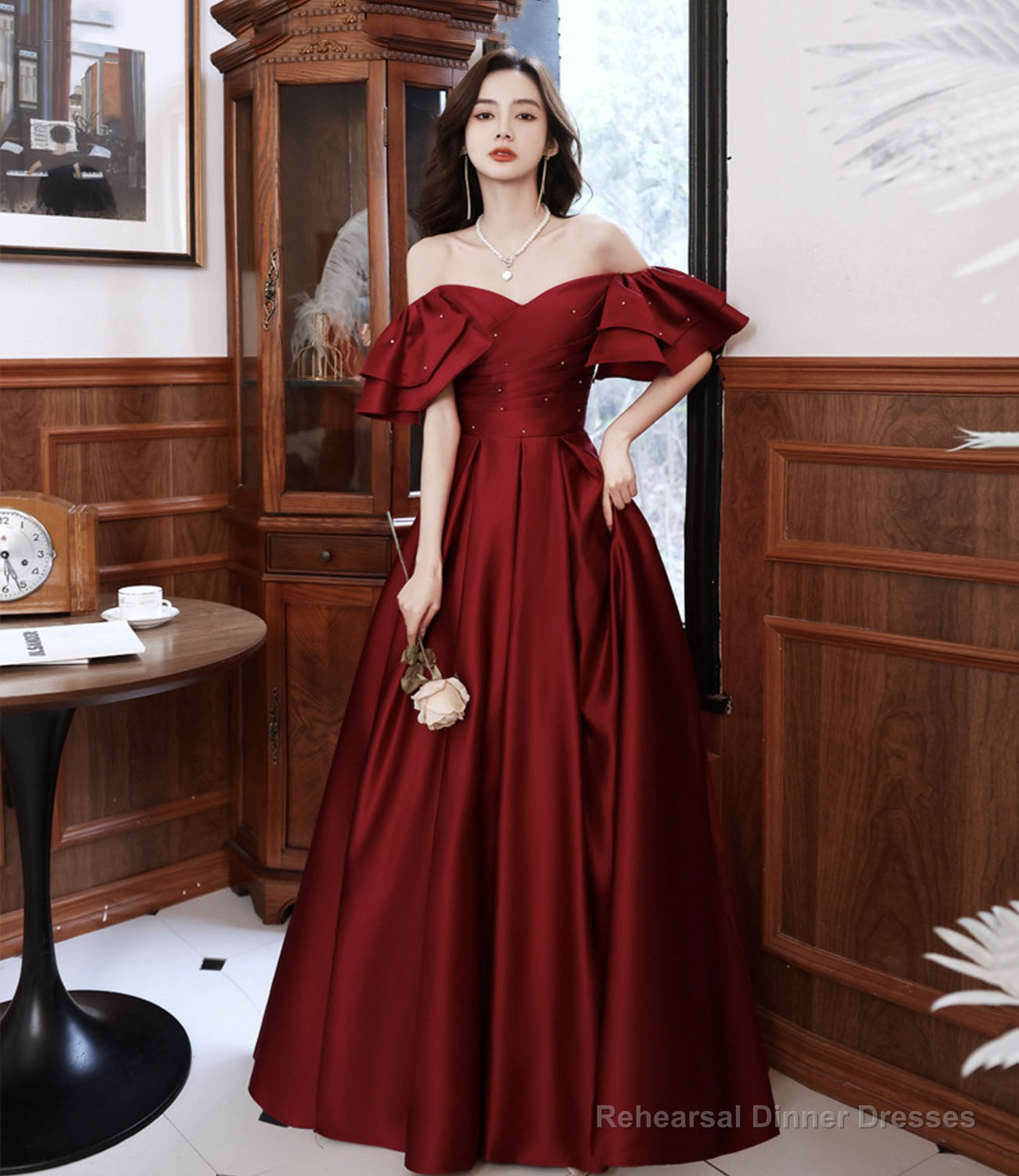 Burgundy satin long prom dress A line evening dress Main image