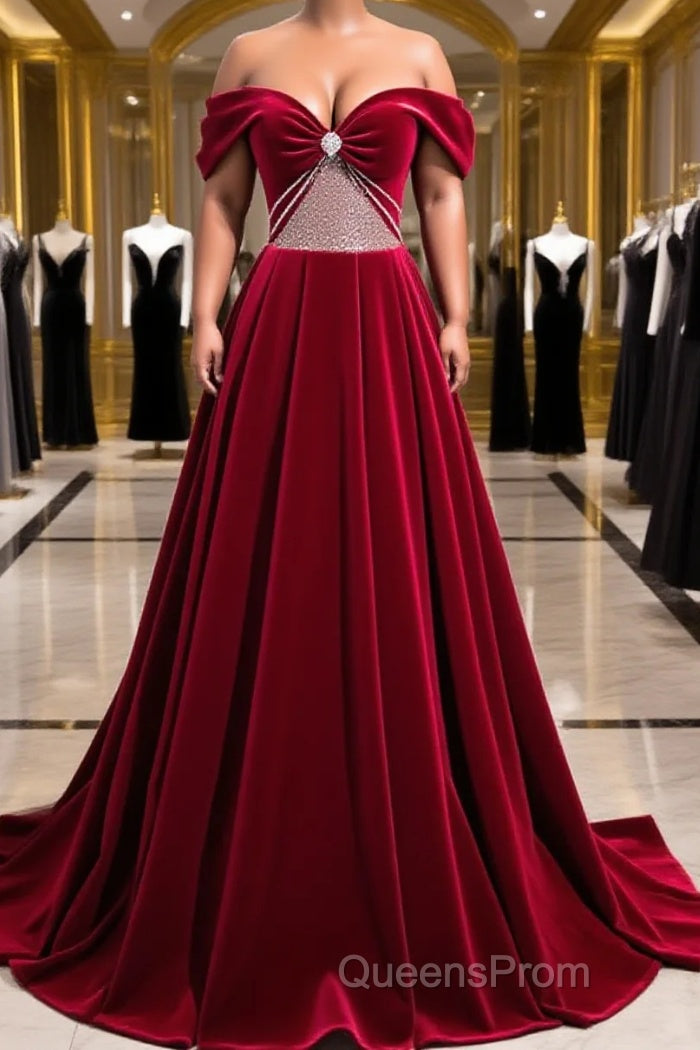 Burgundy Velvet Long Evening Prom Dress, Off the Shoulder Evening Party Dress Main image