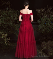 Burgundy tulle off shoulder prom dress evening dress