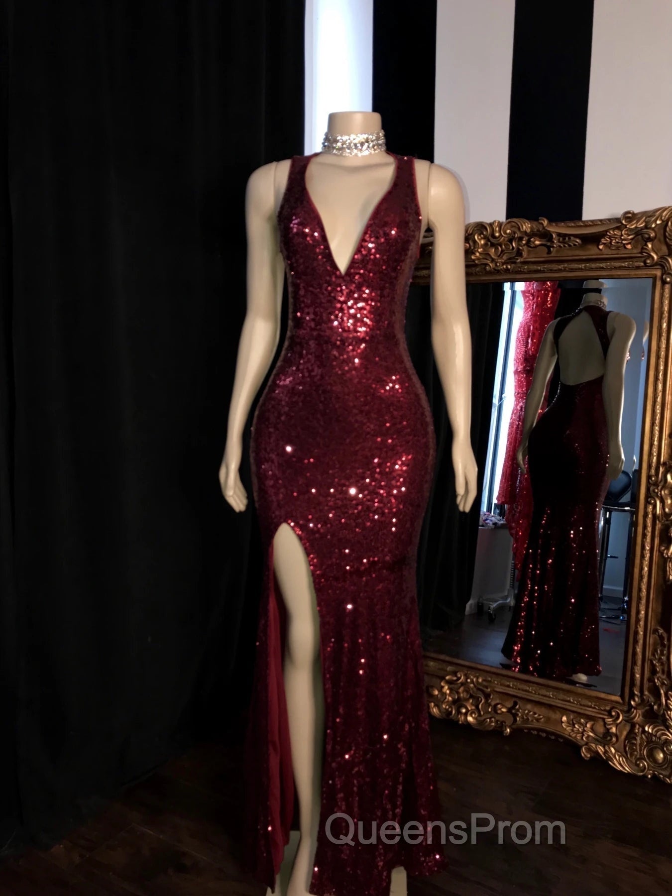 Long Mermaid Burgundy Sequin Evening Prom Dress Glitter Split Evening Gown