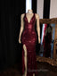 Long Mermaid Burgundy Sequin Evening Prom Dress Glitter Split Evening Gown