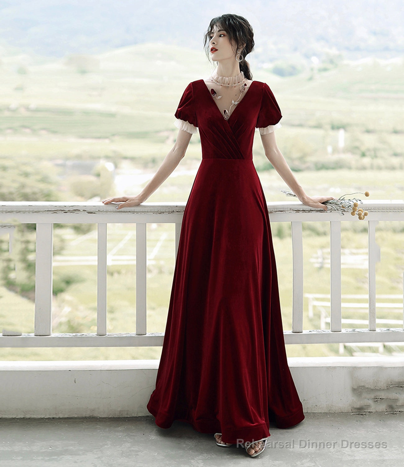 Burgundy velvet long prom dress A line evening dress Main image