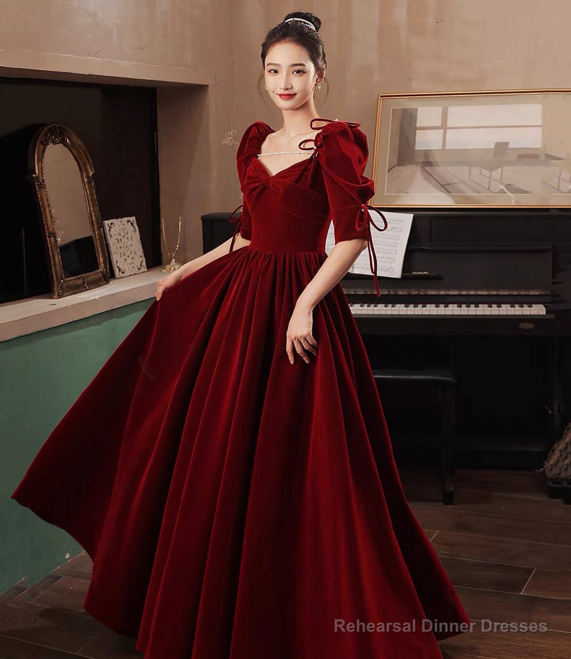 Burgundy velvet long prom dress A-line evening dress