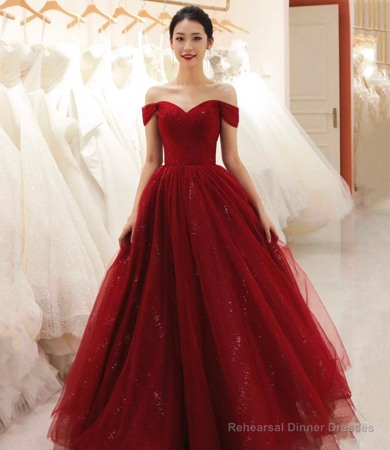 Burgundy Tulle Long Prom Dress A Line Evening Dress Main image