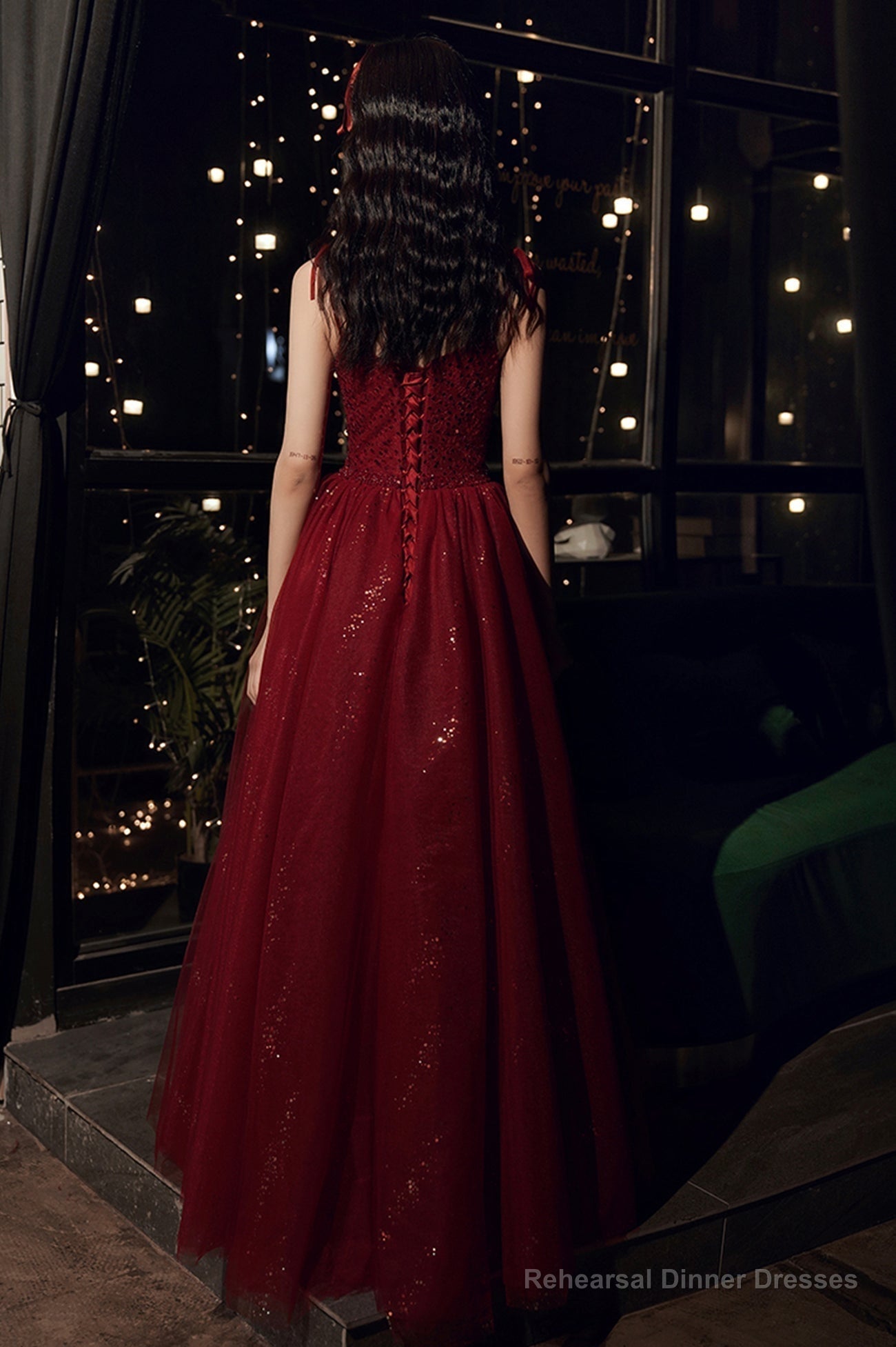 Burgundy tulle sequins long prom dress evening dress Secondary image