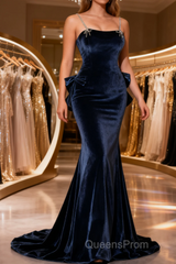 Evening Prom Dress,spaghetti Strap Evening Prom Dress, Blue Evening Dress Velvet Party Dress