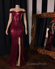 Long Mermaid Burgundy Sequin Evening Prom Dress Glitter Split Evening Gown