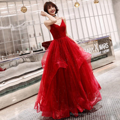Stylish v neck tulle long prom dress, evening dress