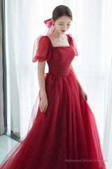 Red tulle long prom dress A line evening dress