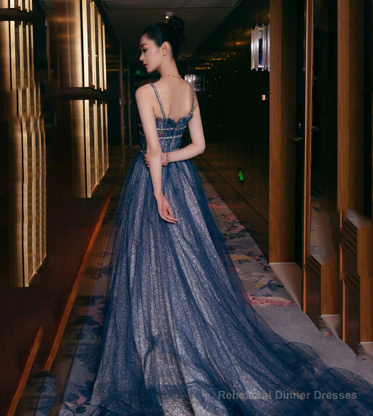 Blue tulle long prom dress shiny evening dress Secondary image