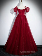 Burgundy Satin Tulle Floor Length Evening Prom Party Dress