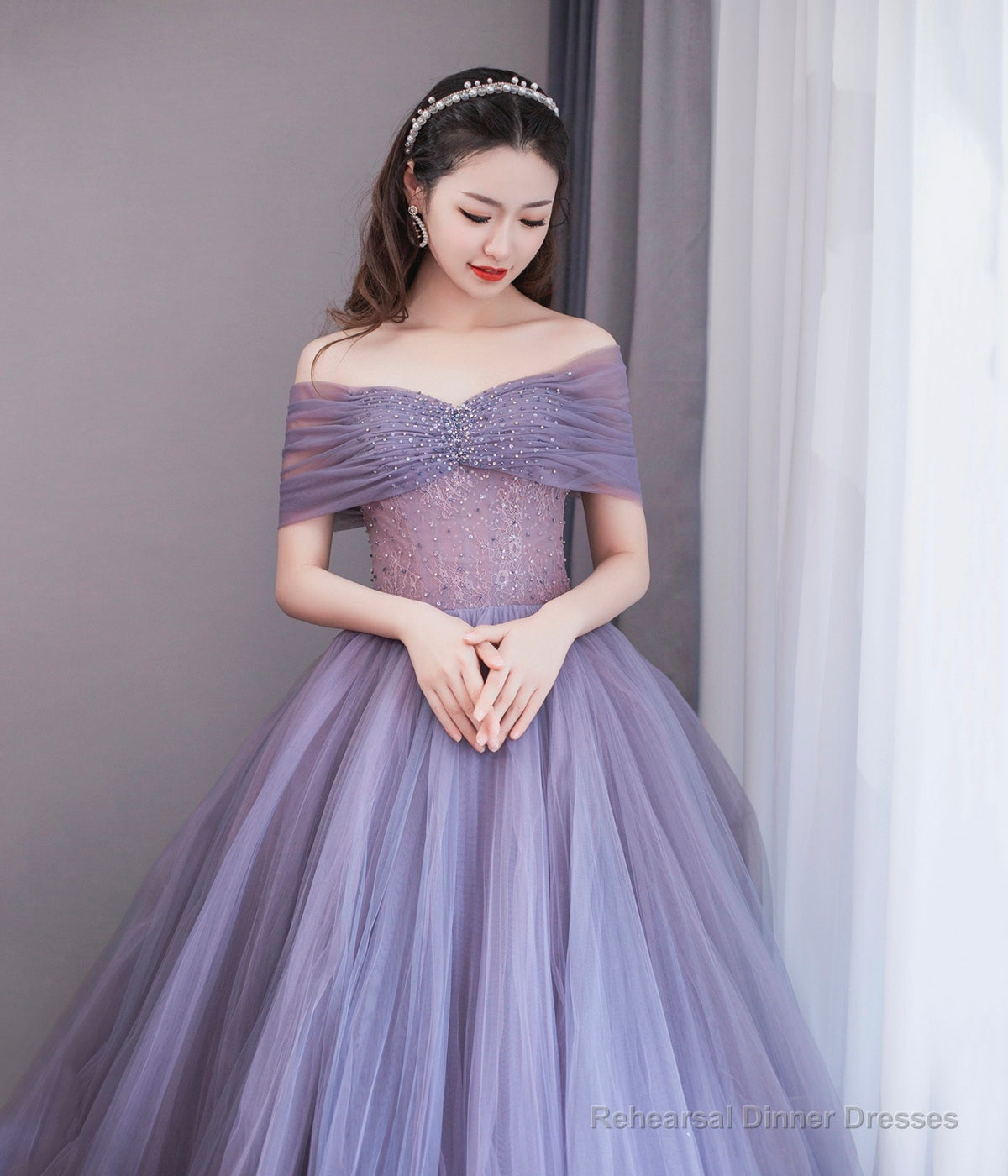 Purple Tulle Beaded Long Prom Dress, Off Shoulder Evening Party Dress Secondary image