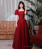 Burgundy satin tulle long prom dress A line evenig dress