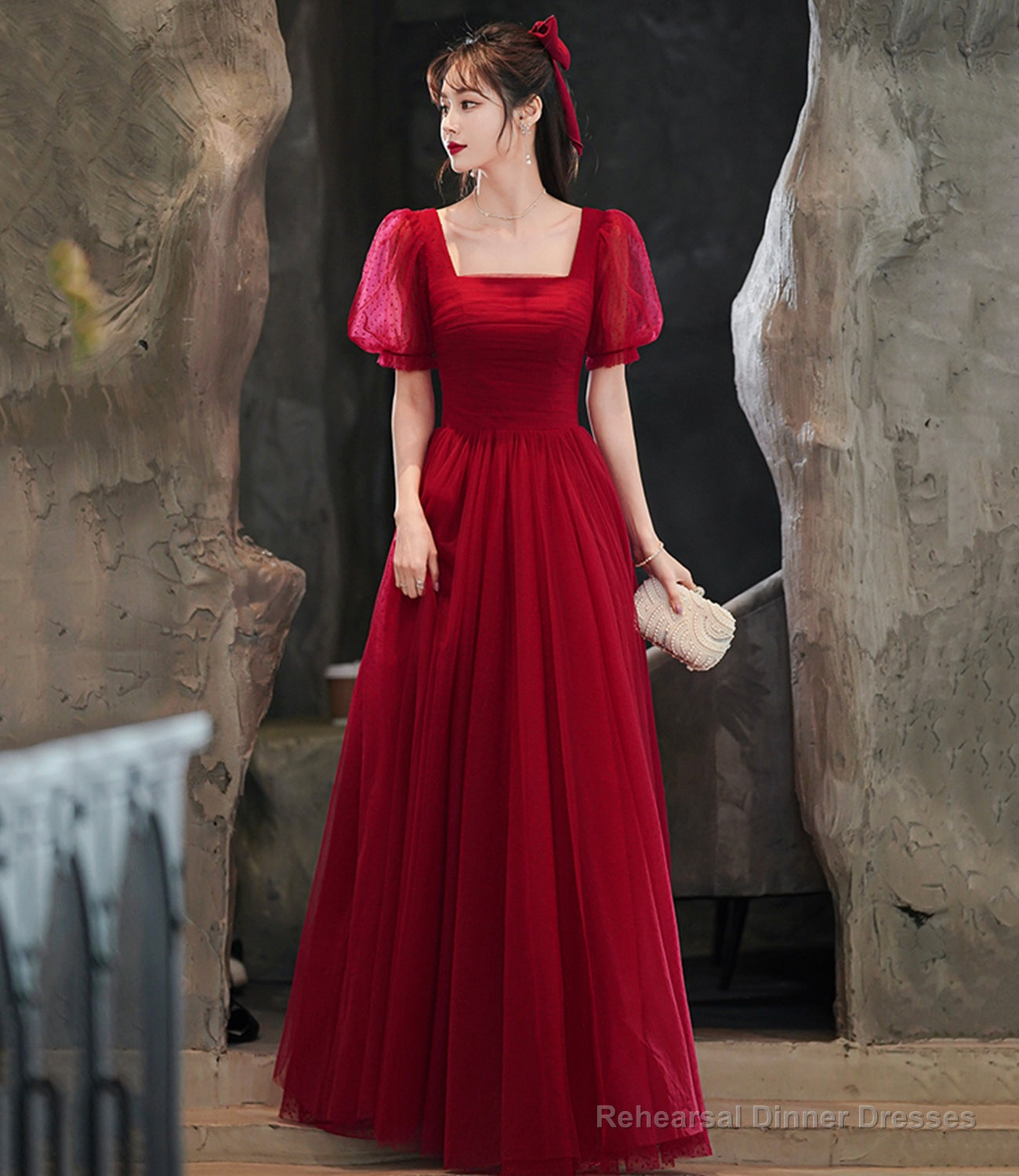 Burgundy tulle long A line prom dress evening dress Main image