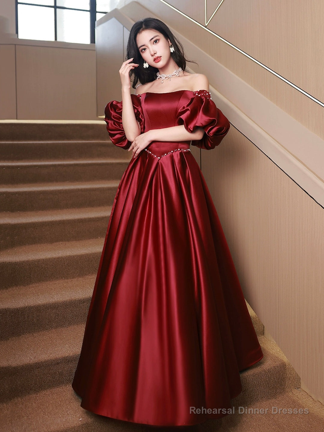 Burgundy Satin Long A-Line Formal Prom Dress