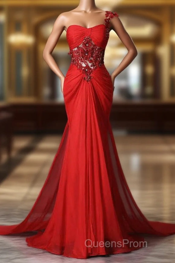 Trumpet Mermaid One Shoulder Chiffon Appliques Lace Beading Red Long Evening Prom Dress Main image