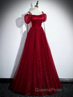 Burgundy Satin Tulle Floor Length Evening Prom Party Dress