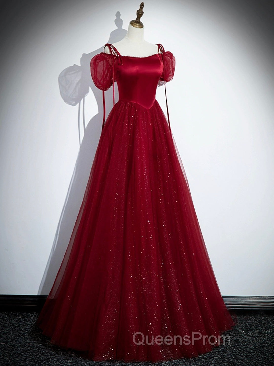 Burgundy Satin Tulle Floor Length Evening Prom Party Dress
