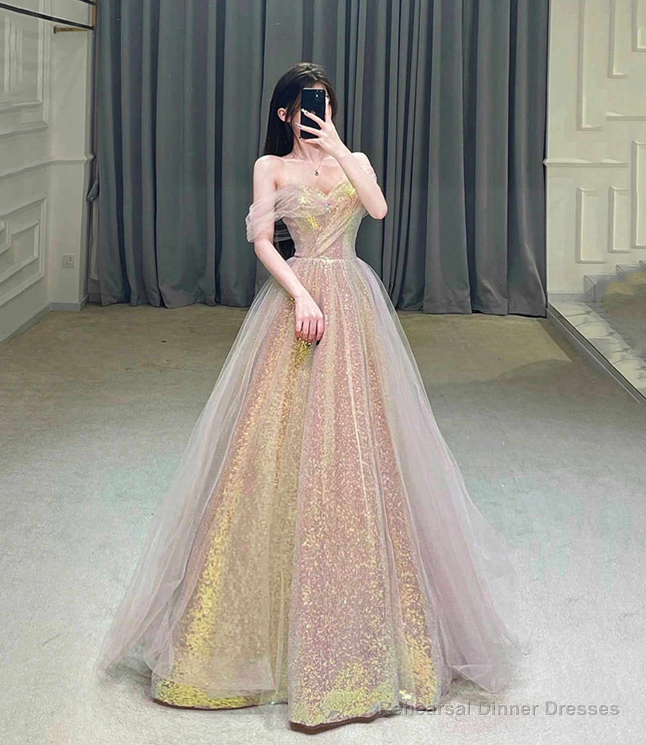 Shiny tulle sequins long prom dress eveing dress Main image
