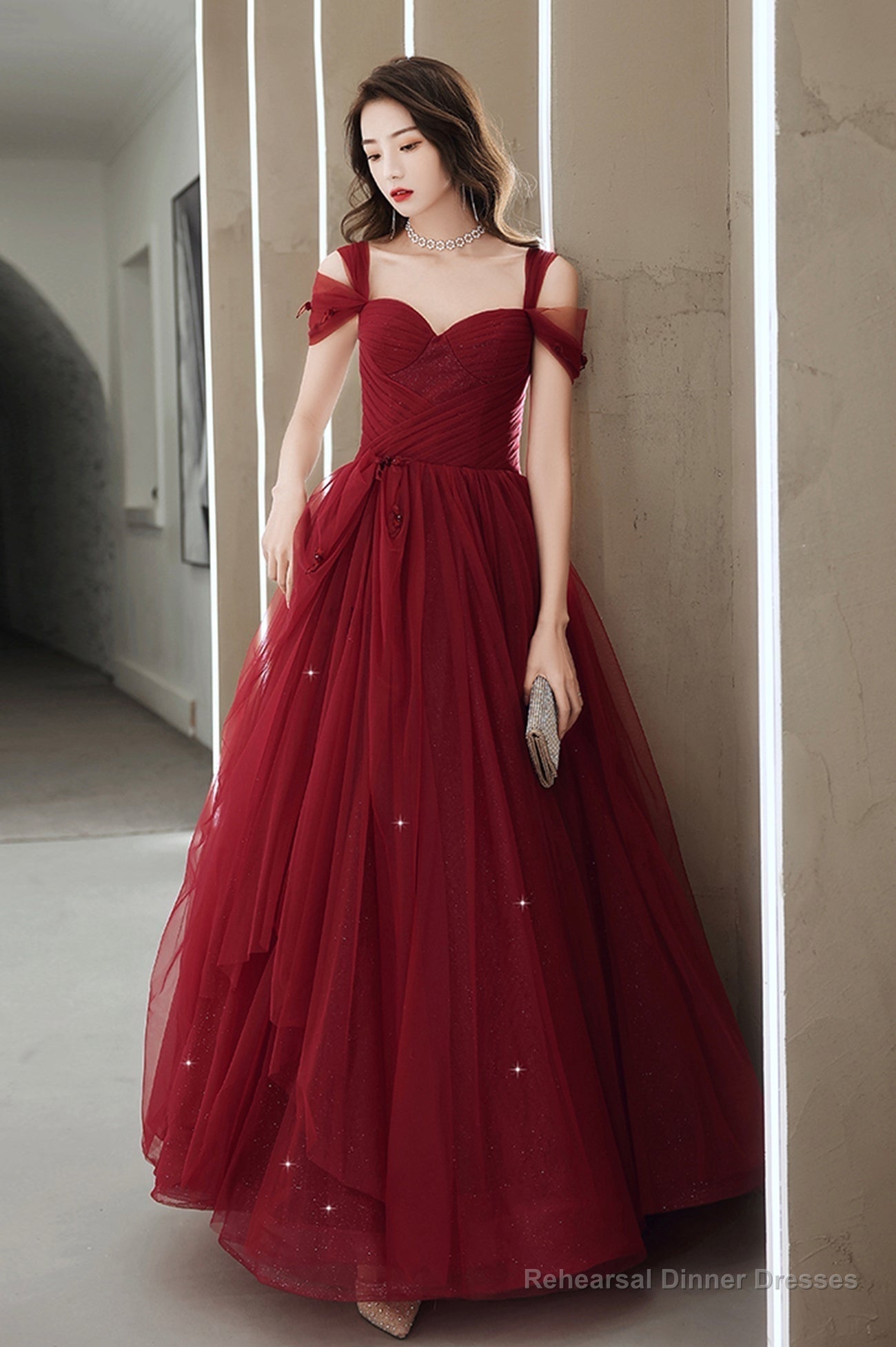 Burgundy tulle long prom dress A line evening dress Secondary image