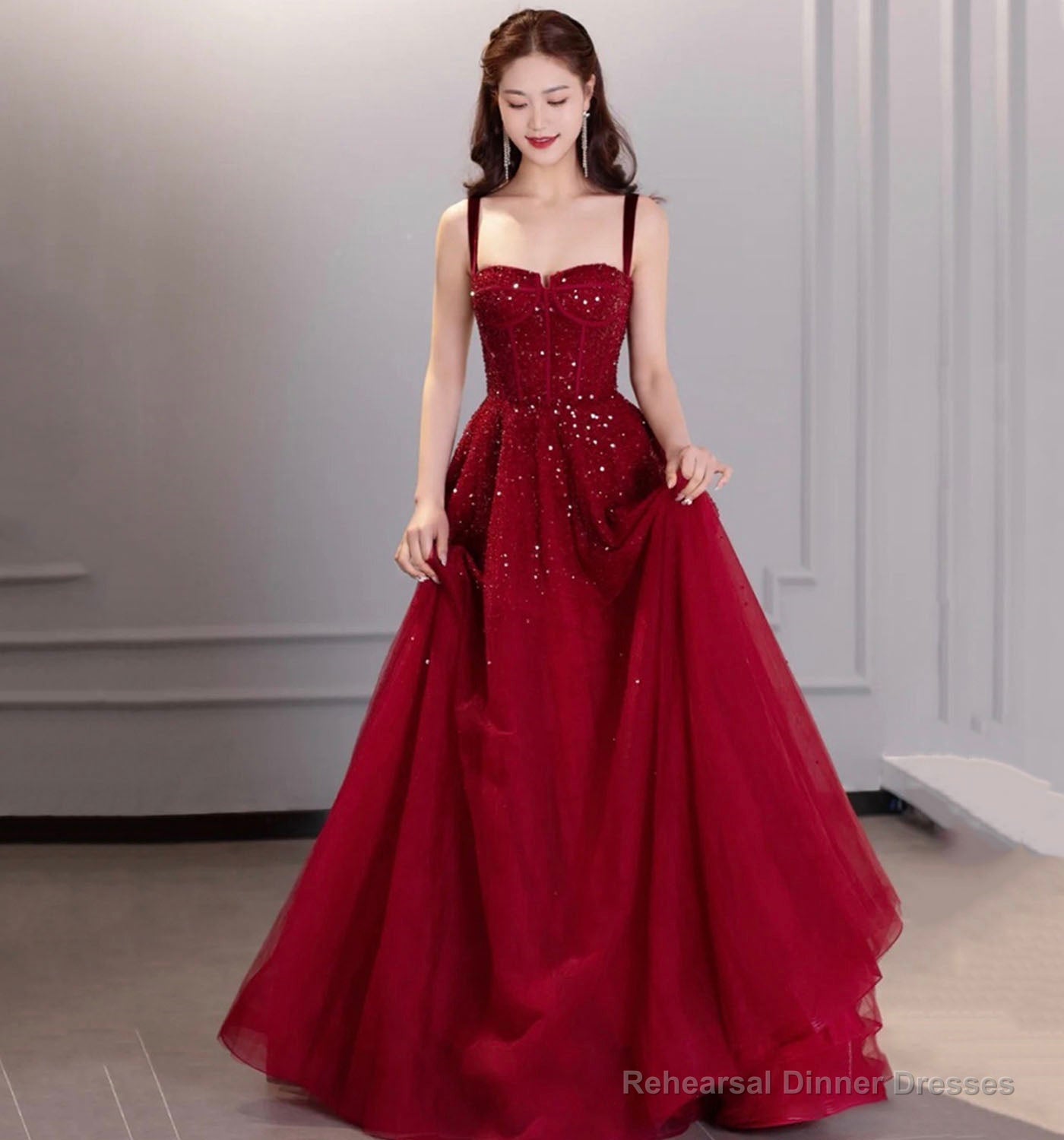Burgundy sequins long prom dress evening dress Main image