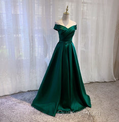Satin Emerald Green Pleated A-Line Off-shoulder Evening Prom Dress