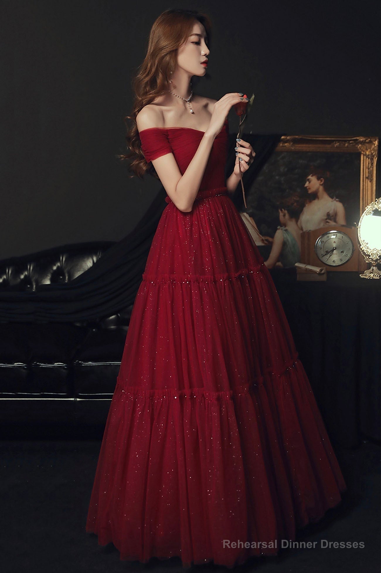 Burgundy tulle off shoulder prom dress evening dress Secondary image