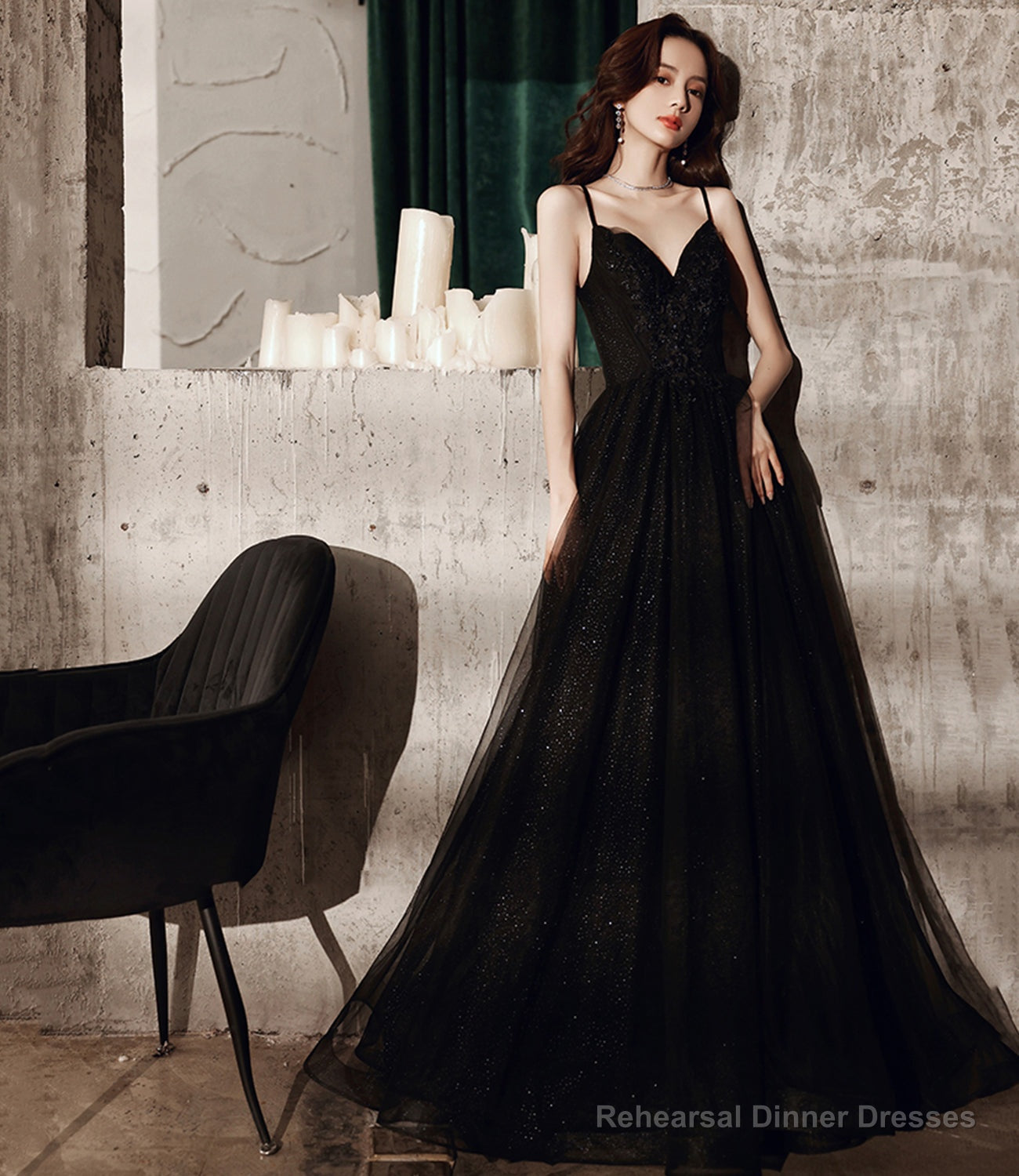 Black tulle long A line prom dress evening dress Main image