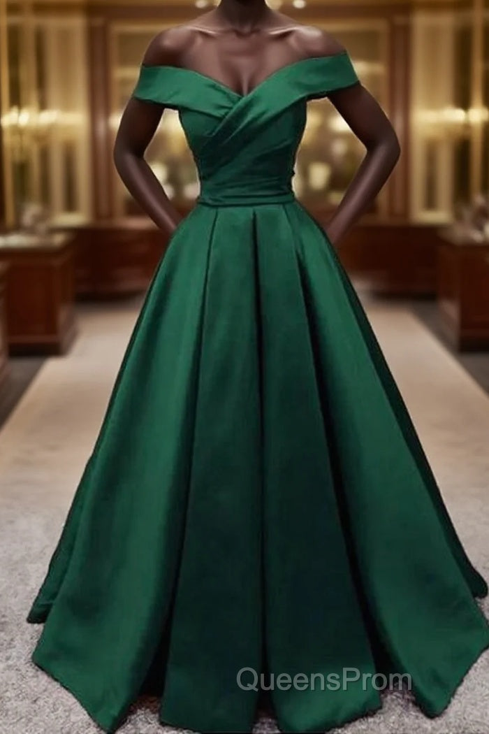 Off Shoulder Emerald Green Long Satin Evening Dress