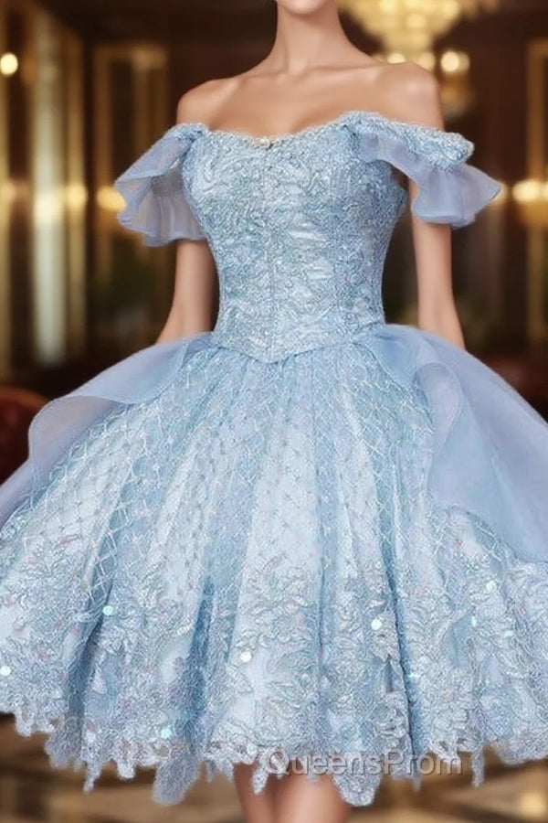 Vintage Blue Lace Homecoming Dress,Off the Shoulder Evening Prom Dress Main image