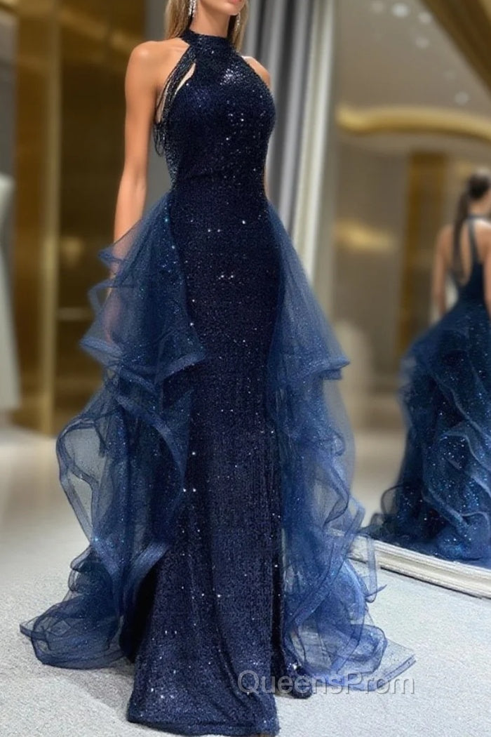 Navy Blue Sequins Long Evening Prom Party Dress Main image